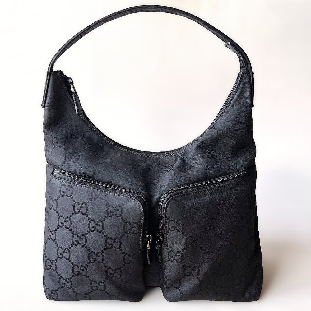 Authentic GUCCI GG Monogram Black Nylon Canvas Shoulder Bag 105648 002214